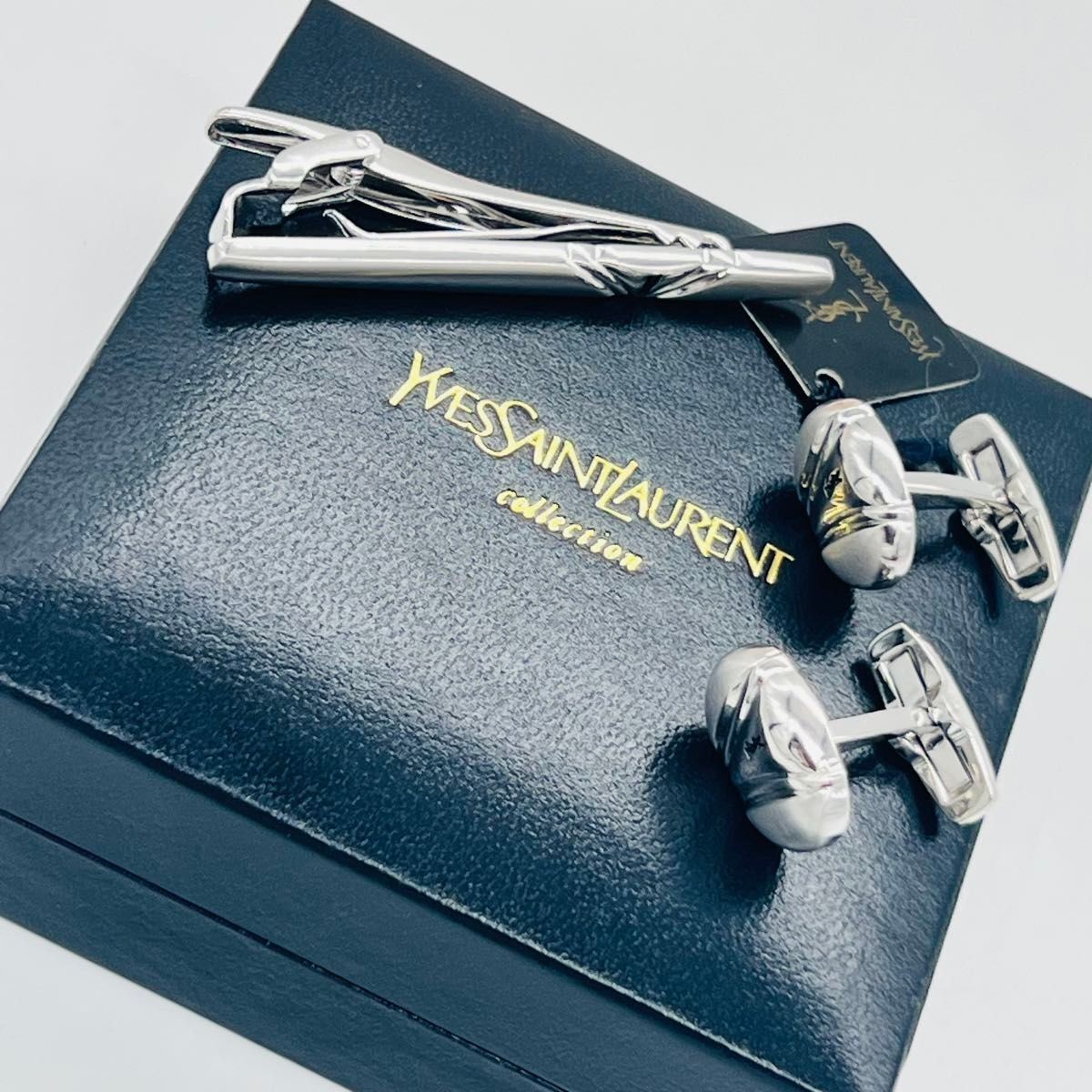 Yves Saint Laurent Yves Saint Laurent logo tie pin cufflinks silver metal