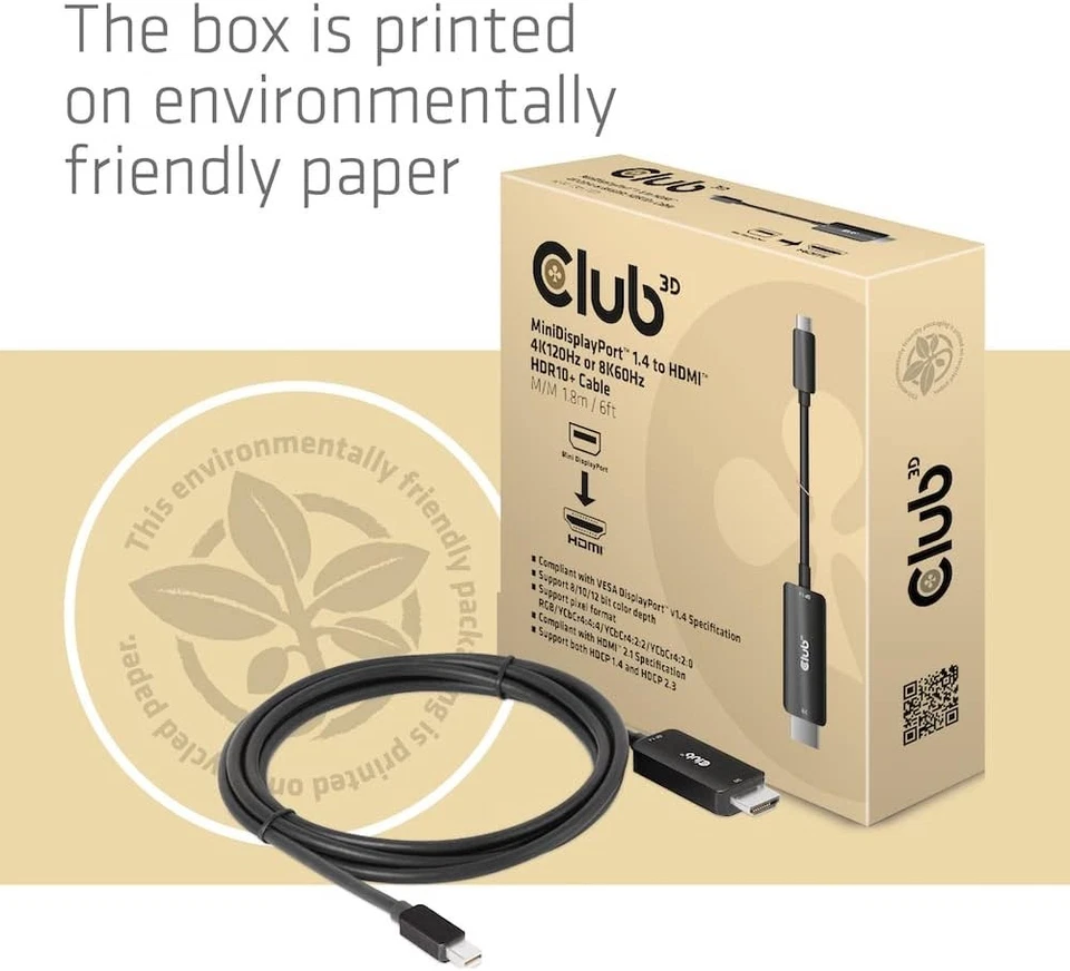 Club 3D CAC-1187 MiniDisplayPort™ 1.4 to HDMI™ 4K120Hz or 8K60Hz HDR10+ Cable 1. - Image 2 of 4