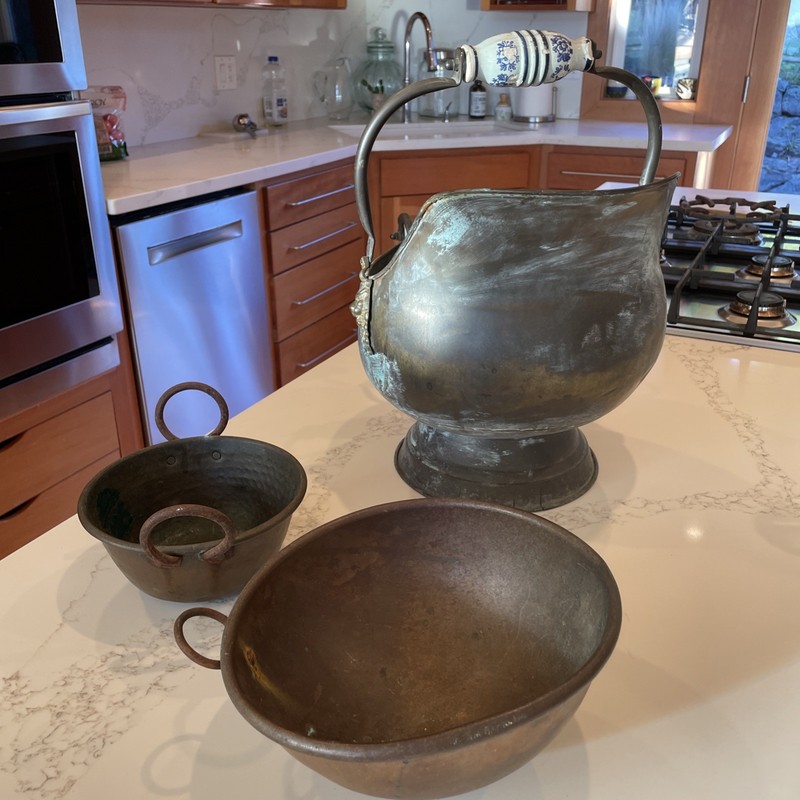 Antique Copper Set Coal scuttle, French Copper Kettle And Mixing Bowl