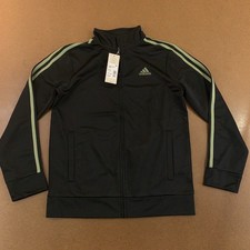 Adidas Boys Size Large 14/16 Black Green Three Stripe Tricot Track Jacket NWT