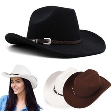 Western Cowgirl Cowboy Hat Men Women   Vintage Felt Wide Brim Rodeo Style Hat