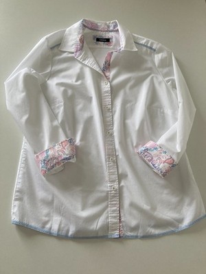 Walbusch Damen Bluse Gr. 44 weiß | 100% Baumwolle | Langarm | blau rosa Akzente