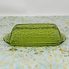 Vtg Anchor Hocking Soreno Avocado Green Covered Butter Dish Crinkle Glass 1960s