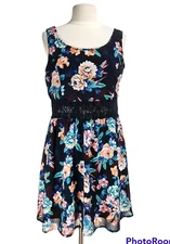 xhilaration Women Size XL Mini Fit & Flare Dress Chiffon Floral Zip Up Crew Neck