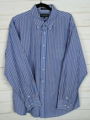 Bergamo NY Mens Long Sleeve Blue & Red Striped Button Up Dress Shirt Size L