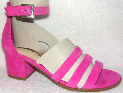 pink suede block heel sandals