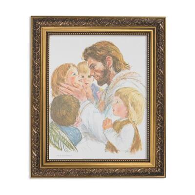 Christ With Children Catholic Christian Print in Ornate Gold Tone Frame 13 In