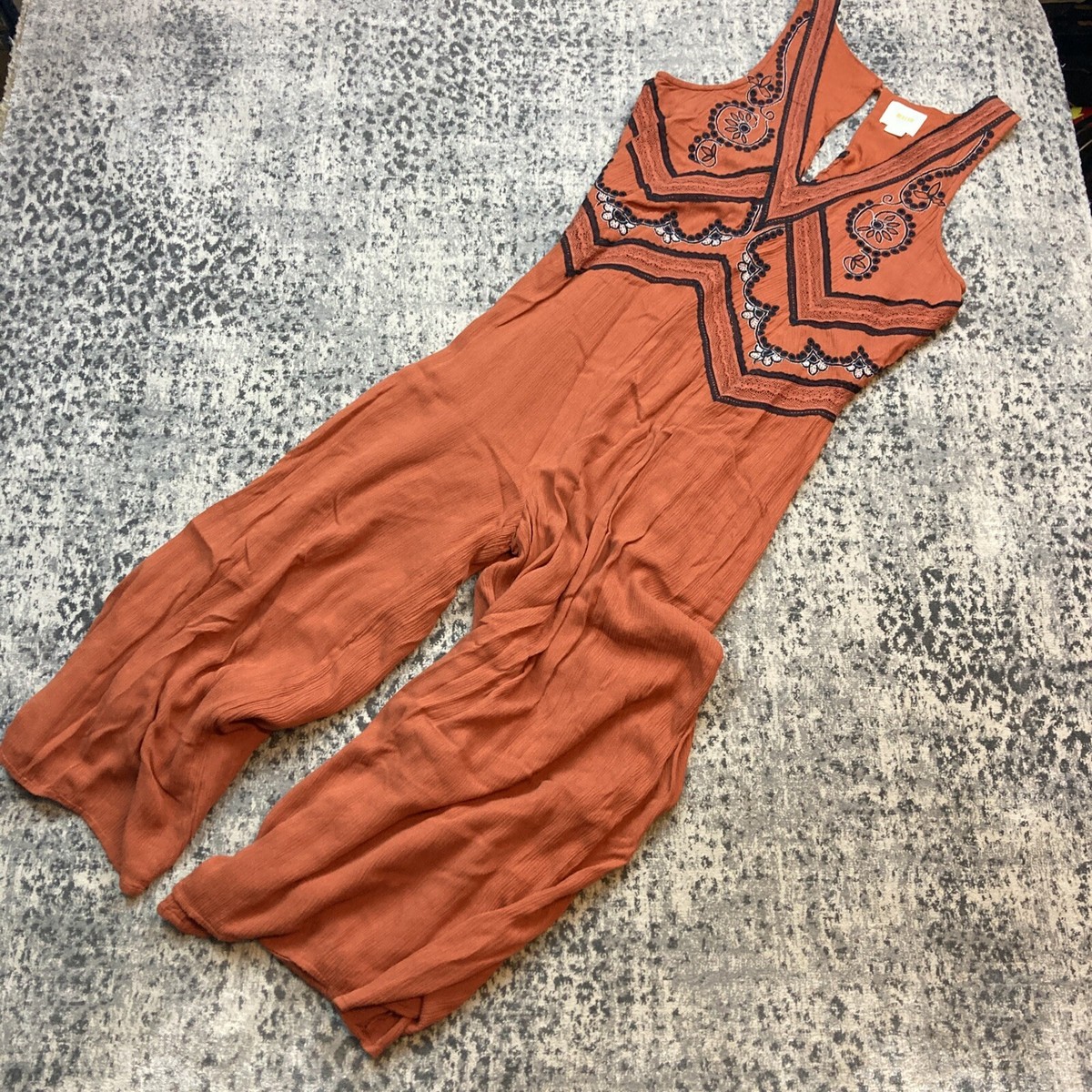 Maeve Burnt Orange Long Flowy Jumpsuit with Black Lace Size UK Full  Leg
