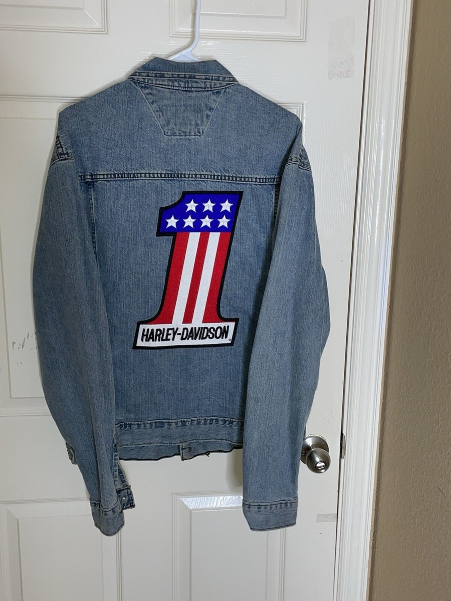 Harley Davidson Denim Jean Motorcycle Jacket Number One Patch Size