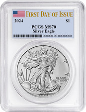 2024 SILVER EAGLE PCGS MS70 FIRST DAY OF ISSUE - FDOI FLAG LABEL