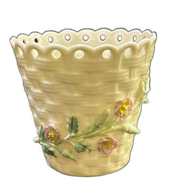 Vintage Belleek Porcelain Basketwave Pierced Edge Vase/Cache Pot/Planter  3.5''