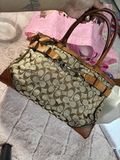 Coach Signature Logo Satchel Top Handle Bag Brown/Beige Zip Pockets Lined
