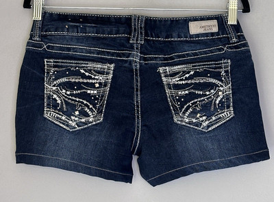 Amethyst Jeans Y2K Denim Hot Pants Shorts W31 dunkelblau Low Rise Nieten