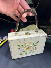 VTG Chic White Wooden Box Purse PaintedYellow/Green Flower Enid Collins of Texas