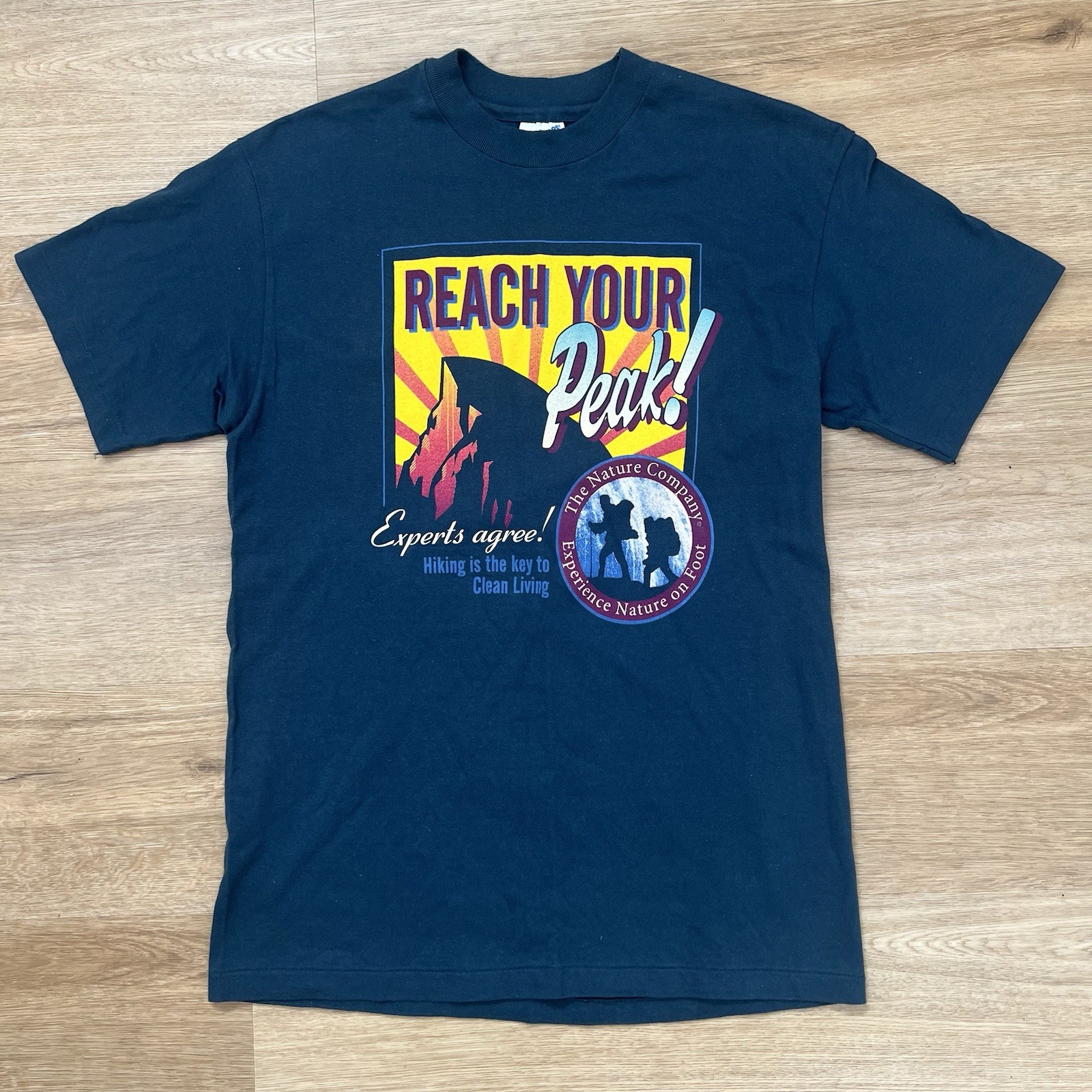 Blue Vintage Single Stitched Hiking T-shirt The Nature Company Reach Your Peak