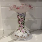 FENTON Charleton Peach Crest Ruffled Glass Vase Hand-Painted Floral Pink White