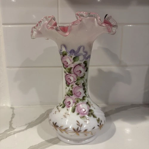 FENTON Charleton Peach Crest Ruffled Glass Vase Hand-Painted Floral Pink White