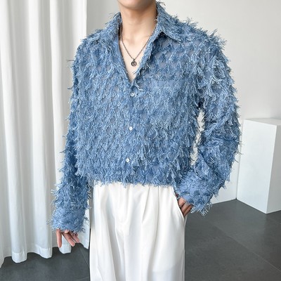 Men's Fashion Lapel Long Sleeve Loose Feather Fringe Shirt Casual Party Blouses