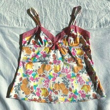 Christian Dior Cami Top Vintage Floral Print Crochet Trim Multicolor S M