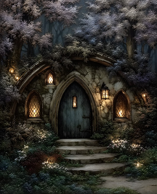 8x10 Cozy Storybook Fairy House Lot Plants Trees Art Print - 928320053