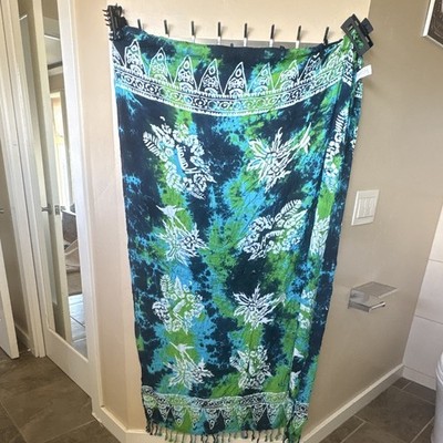 Unity Trading Hawaii Women's Rayon Floral Scarf Wrap Blue Green White Fringe