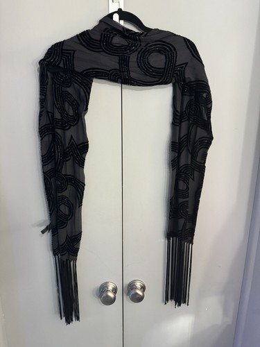 Kenneth Cole Silk Scarf/Shawl Black Sheer Fringe Hem Beaded. - Picture 2 of 9