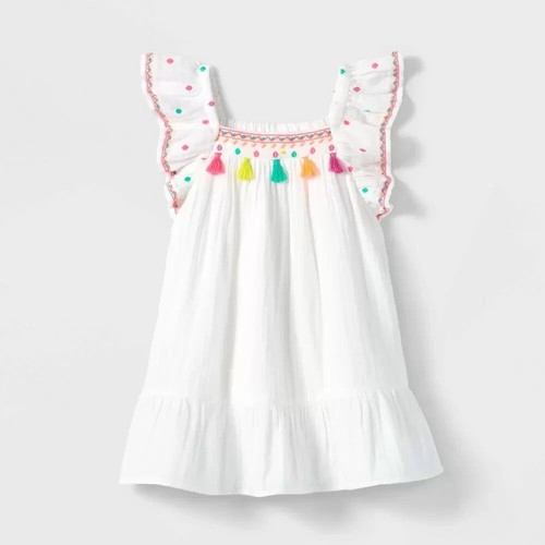 Toddler Girls' Embroidered Pom Ruffle Sleeve Dress Cat & Jack White
