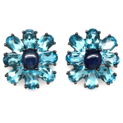 925 Sterling Silber 5 X 6 Mm. Blaue Saphir & Himmelblaue Topas Ohrringe - Bild 1 von 4