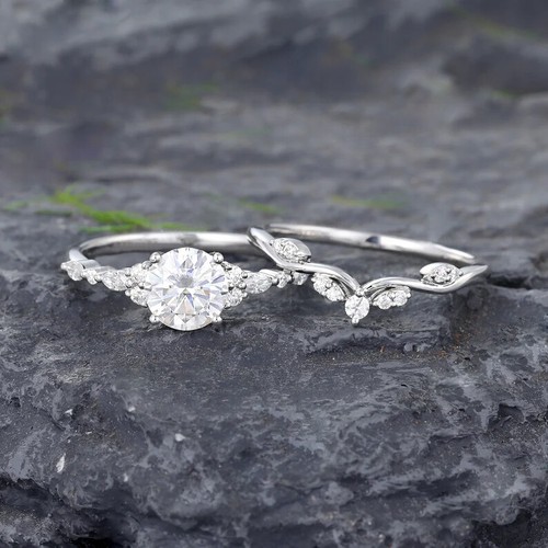 Unique Bridal Ring Set, Vintage Moissanite Engagement Ring, Promise Ring Set - Bild 4 von 5