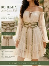 Boho Leaf Wrap Belt with gold-tone rings and leaf accents #bohemian #festival