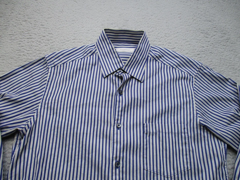 Camisa de vestir Ermenegildo Zegna para hombre grande azul blanco a rayas abotonadas Italia Foto 2 de 4