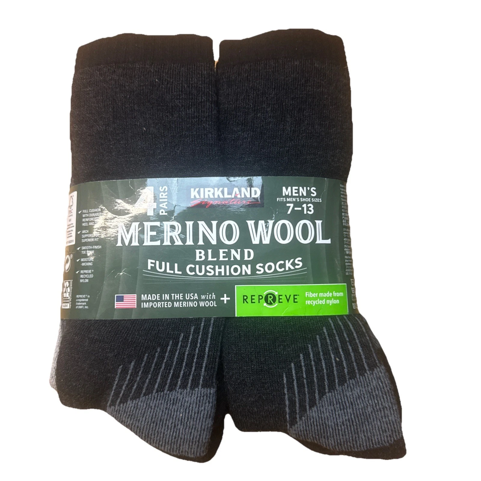 Kirkland Mens Merino Wool Socks Colors Vary Cushioned Hiking Work 4 Pairs 7-13