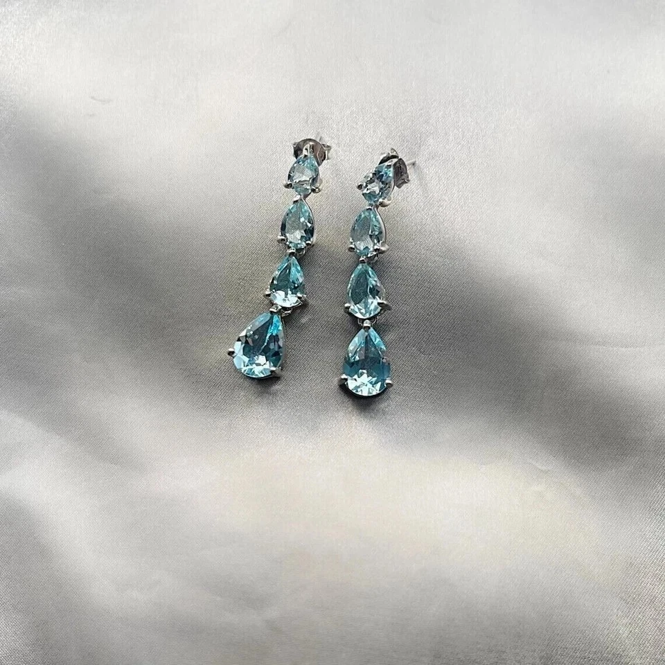 4Ct Pear Cut Lab Created Aquamarine Drop Dangle Earrings 14K White Gold Plated - Image 2 of 4