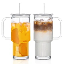 INSETLAN 26oz Glass Tumbler Set - Handle, Lid, Straw, Hot Cold Drinks, Travel...