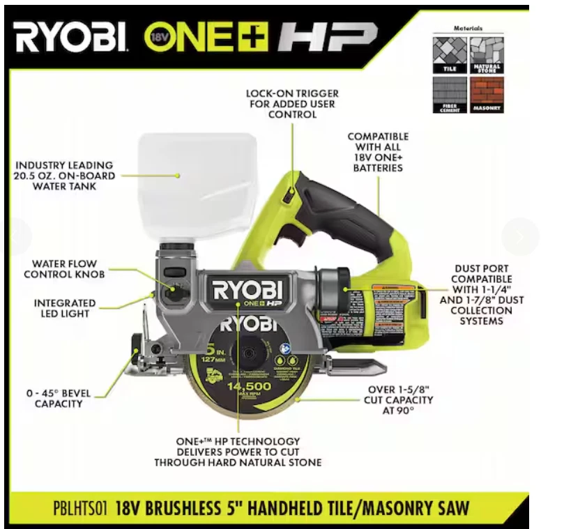 Sierra para azulejos de mampostería húmeda/seca inalámbrica RYOBI ONE+ HP 18V - PBLHTS01B Foto 3 de 4