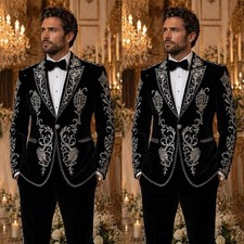 Men Suit 2 Piece Black Velvet Silver Embroidery Rhinestone Groom Wedding Dinner
