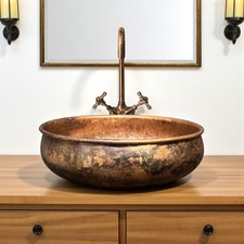 Rustic Copper Vessel Bathroom Sink – Handmade Round Vanity Basin with Aged Finis