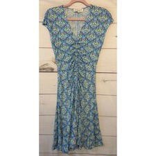 Hale Bob Ruched V Neck Short Sleeve Midi Dress Blue Green Medallion Print Size S