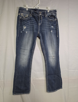 VIGOSS Womens Juniors Jeans 15/16 Slim Bootcut Distressed Mid Rise Blue Denim