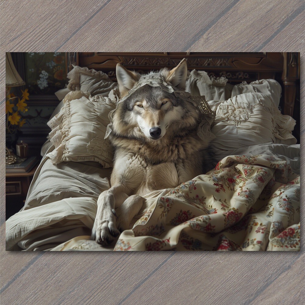 Art Print Wolf Dressed As Grandmother Fairytale Red Riding Hood Bed Funny Weird