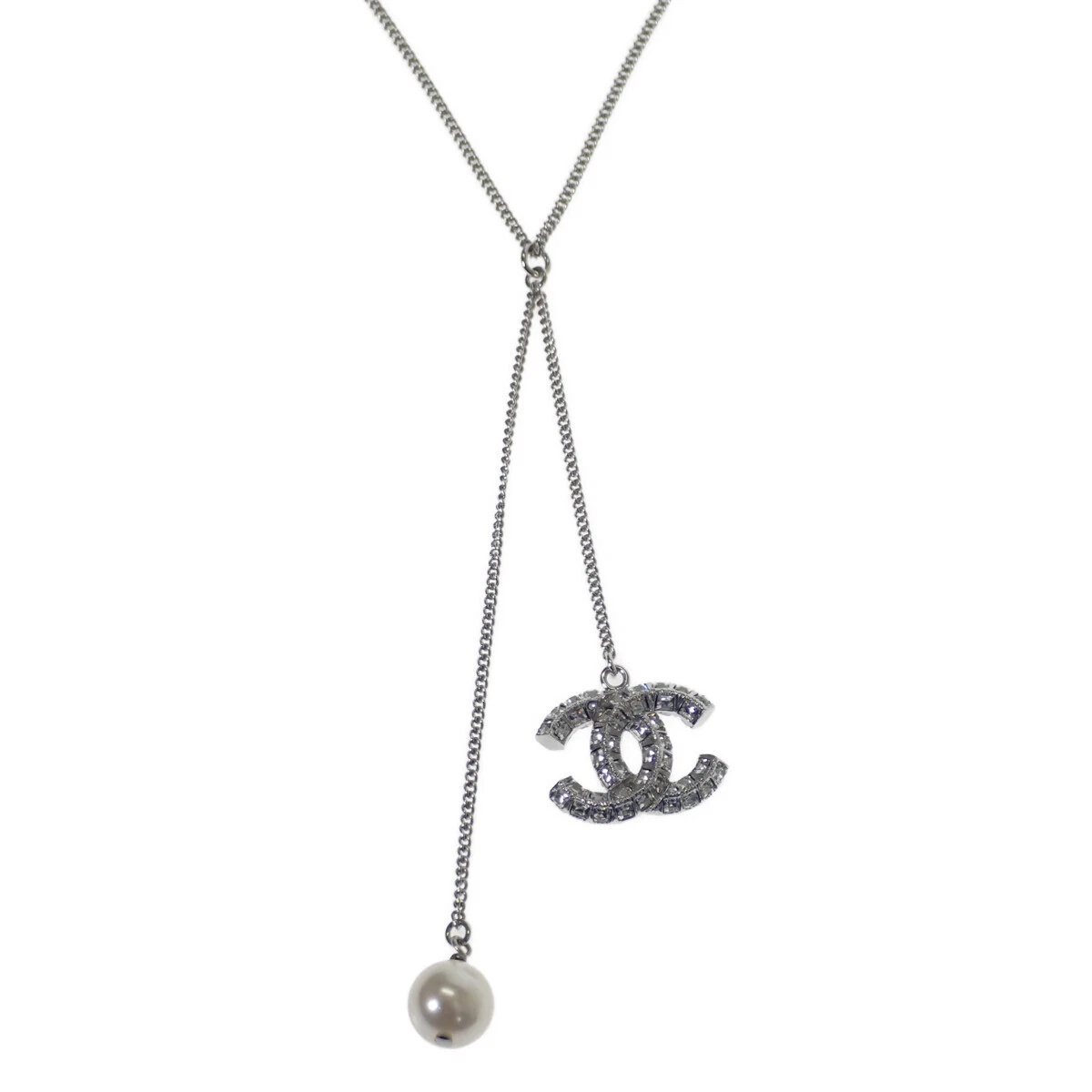 CHANEL Baguette Crystal Large CC Necklace Silver 1296365