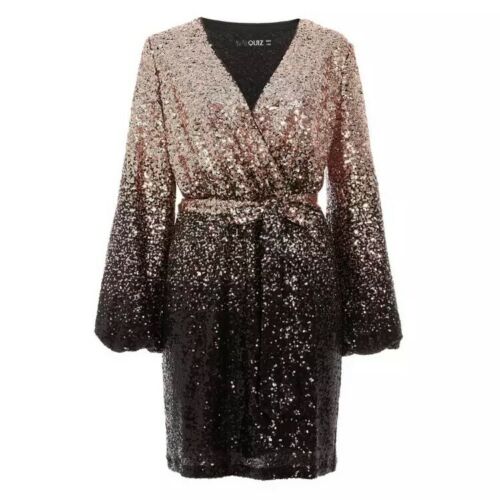 New Arrival Quiz Sam Faiers Black & Gold Ombre Sequin Wrap Dress Last Size 8 - Picture 1 of 2