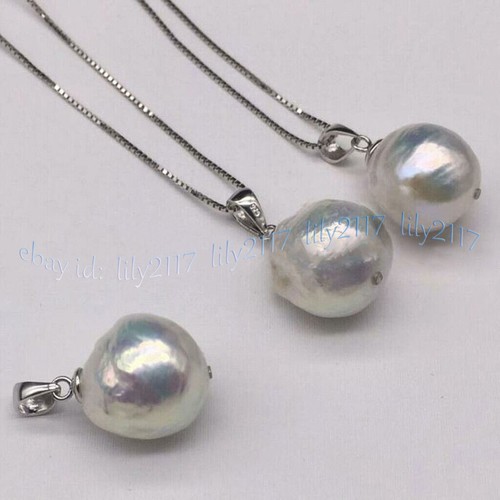 Huge 13-14mm White South Sea Baroque Edison Pearl Pendant Necklace 925 Chain 17" - Picture 3 of 6