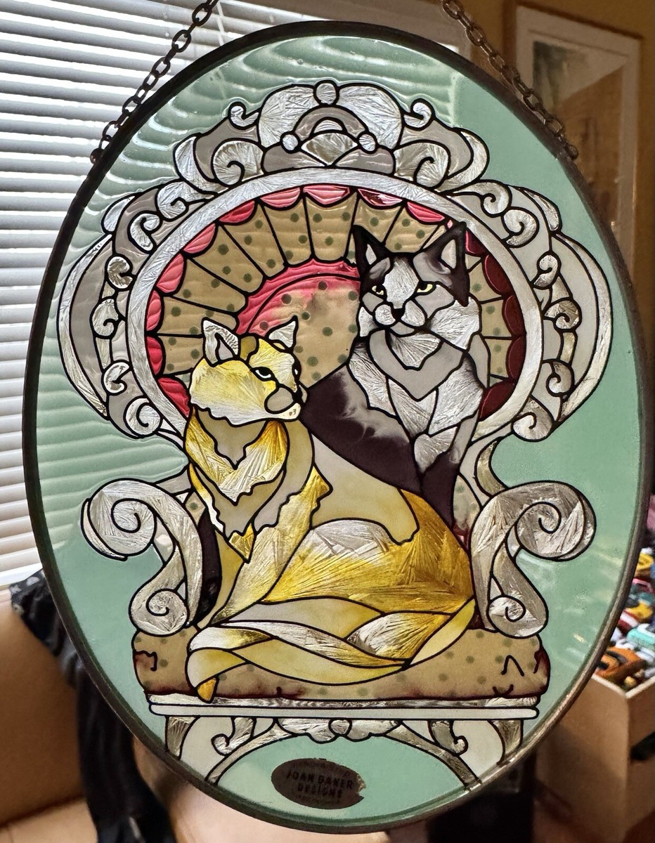 Vintage JOAN BAKER Designs CATS Hand Painted Stained Glass