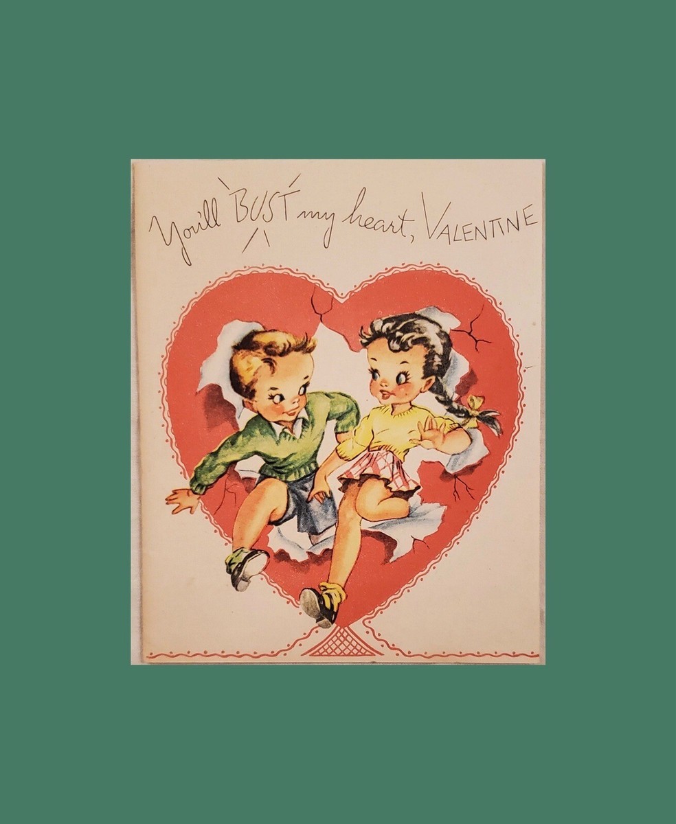 Antique Valentine Greeting Card Quarter Fold Boy Girl Golden Bell