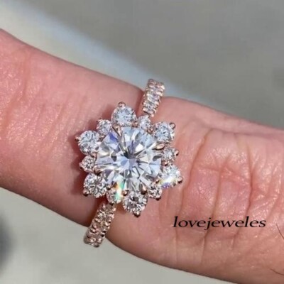 14K Rose Gold Over 1.75CT Round Cut Real Moissanite Engagement Flower Ring Gift