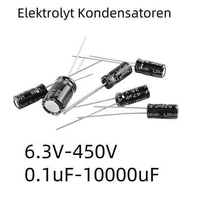 Elektrolyt Kondensatoren Radial Aluminium 0,1uF - 10000uF / 6.3V bis 450V 105°C
