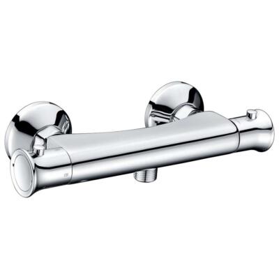 Mischbatterie Duschventil Wasserhahn rund chrom Thermostat Aufputzstange Einzelauslauf