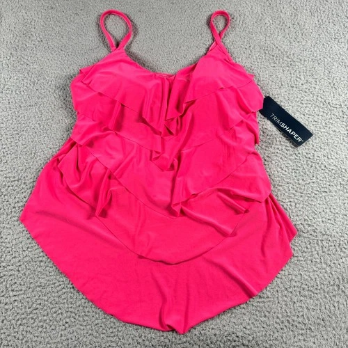 NWT TRIMSHAPER Women's Bright Rose Pink Ruffled Tankini Top Size 16