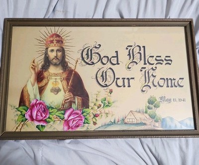 Vintage 1941 God Bless Our Home Framed Religious Print Christ Sacred Heart Wall